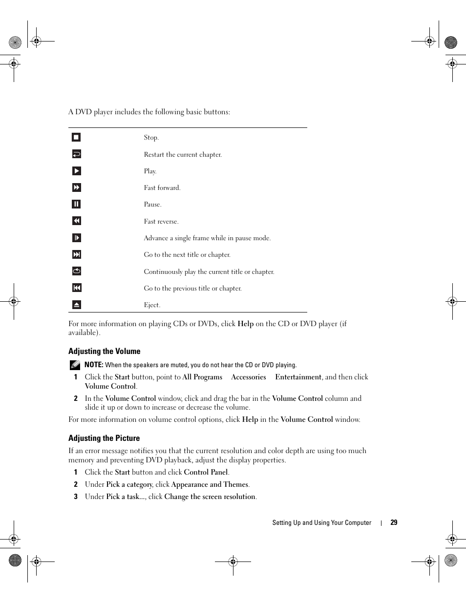 Adjusting the volume, Adjusting the picture | Dell XPS/Dimension XPS Gen 5 User Manual | Page 29 / 162