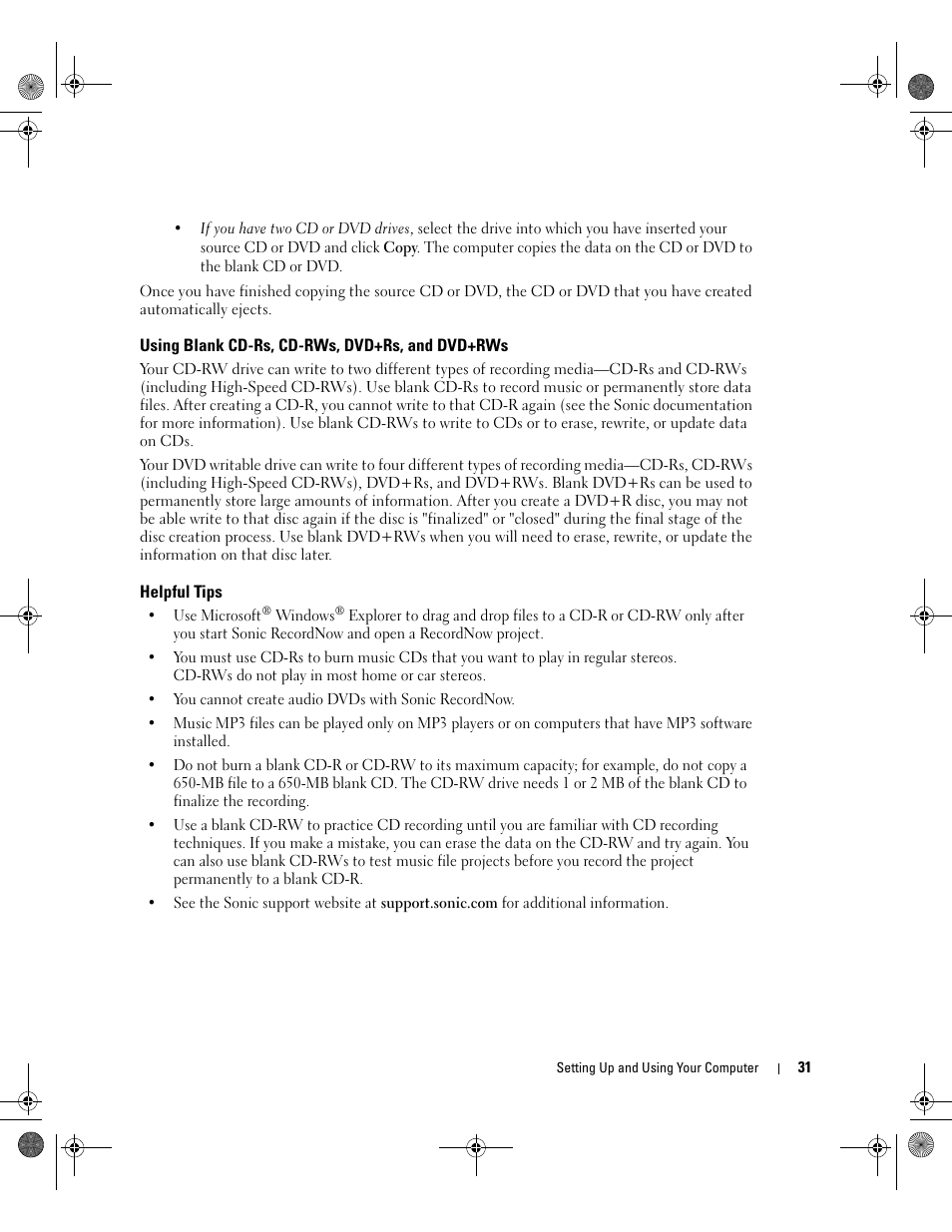 Using blank cd-rs, cd-rws, dvd+rs, and dvd+rws, Helpful tips | Dell XPS/Dimension XPS Gen 5 User Manual | Page 31 / 162