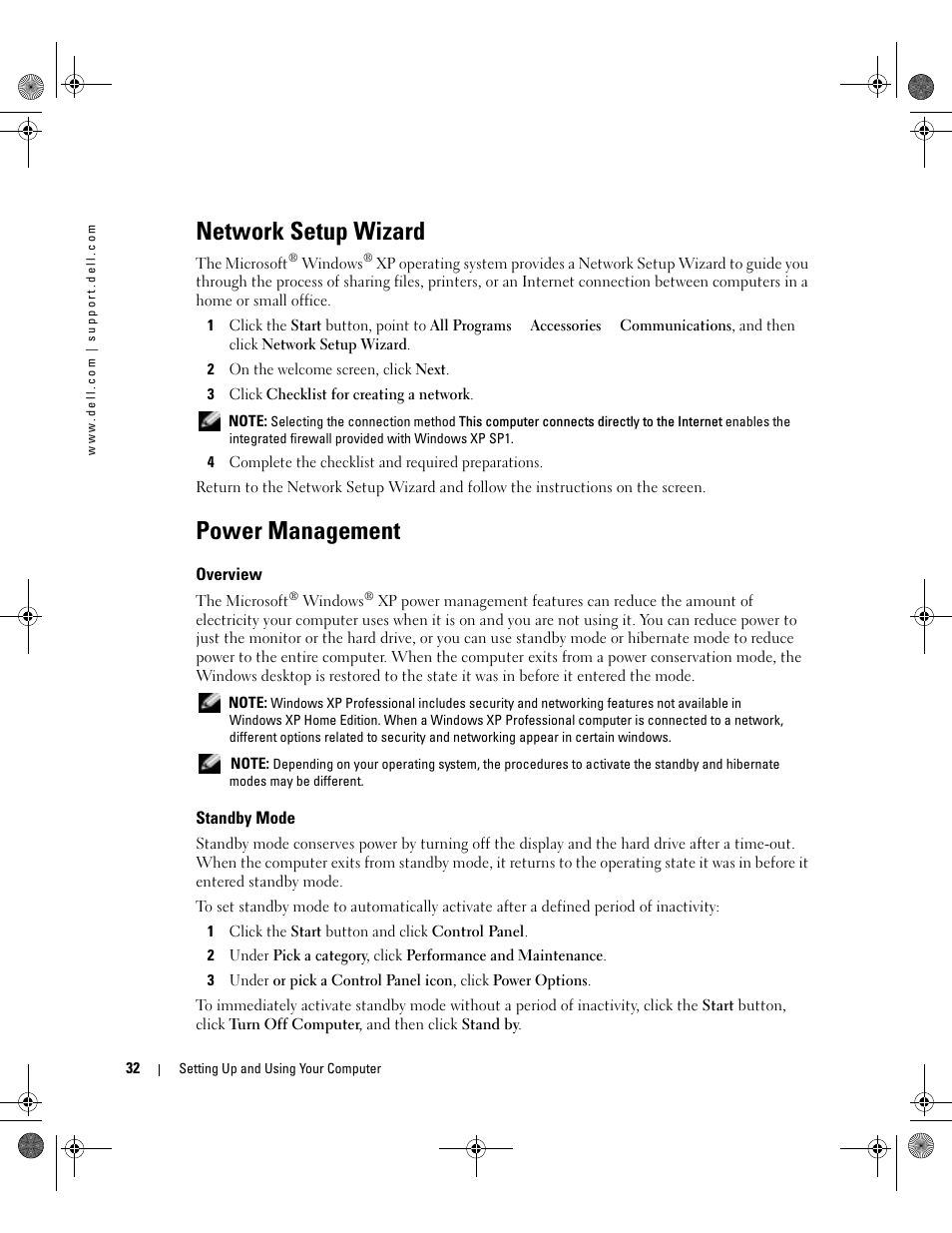 Network setup wizard, Power management, Overview | Standby mode | Dell XPS/Dimension XPS Gen 5 User Manual | Page 32 / 162