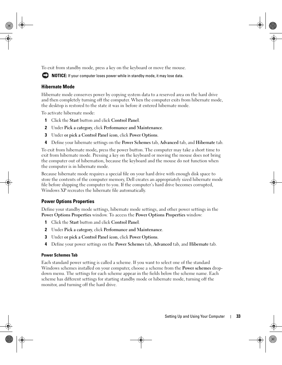 Hibernate mode, Power options properties | Dell XPS/Dimension XPS Gen 5 User Manual | Page 33 / 162