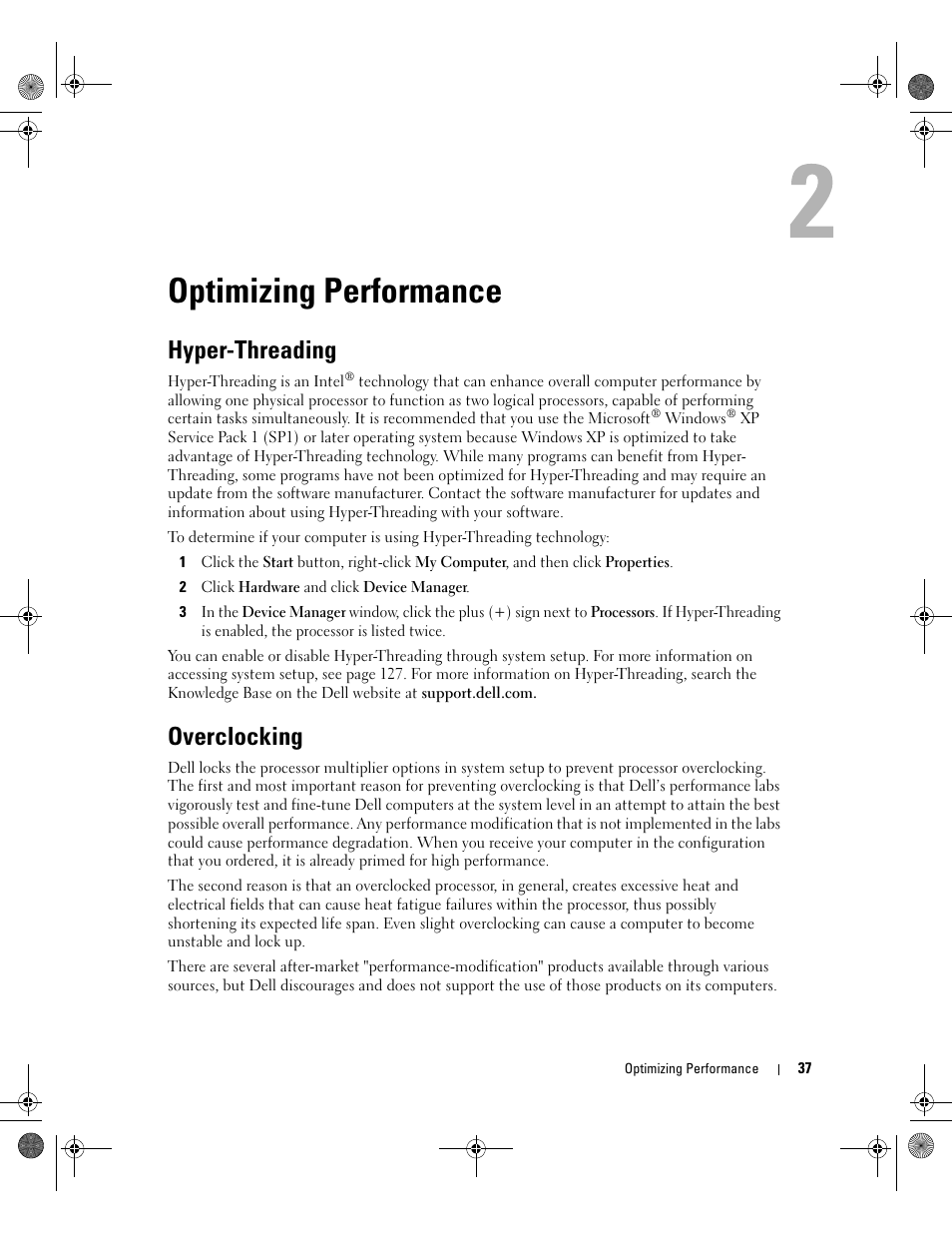 Optimizing performance, Hyper-threading, Overclocking | Dell XPS/Dimension XPS Gen 5 User Manual | Page 37 / 162