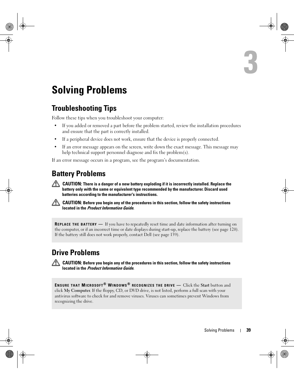 Solving problems, Troubleshooting tips, Battery problems | Drive problems | Dell XPS/Dimension XPS Gen 5 User Manual | Page 39 / 162