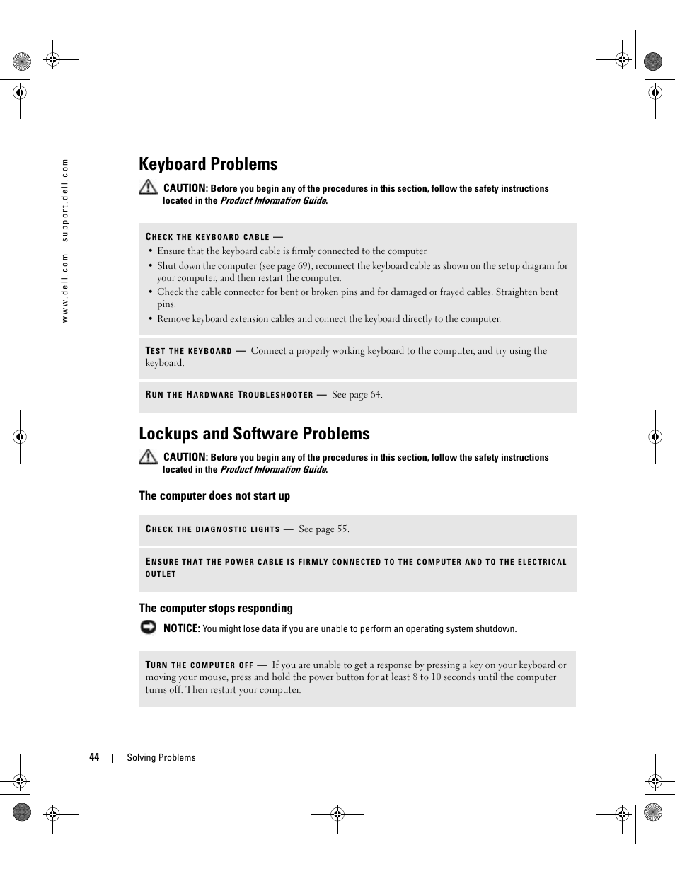 Keyboard problems, Lockups and software problems, The computer does not start up | The computer stops responding, Th the outlook express e-mail program open, click, Select the program you want to r, Accessible, Device, Ready | Dell XPS/Dimension XPS Gen 5 User Manual | Page 44 / 162