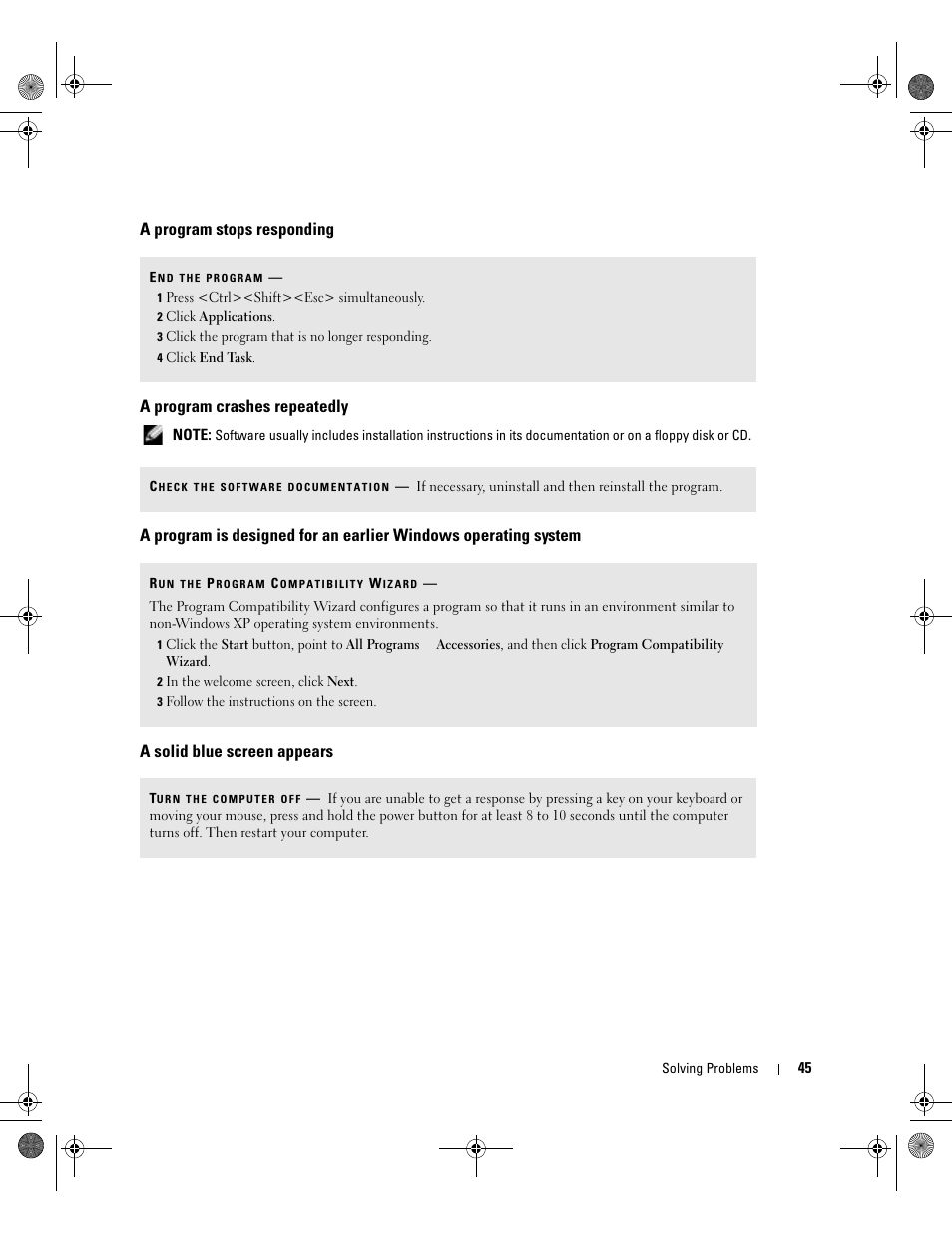 A program stops responding, A program crashes repeatedly, A solid blue screen appears | Dell XPS/Dimension XPS Gen 5 User Manual | Page 45 / 162