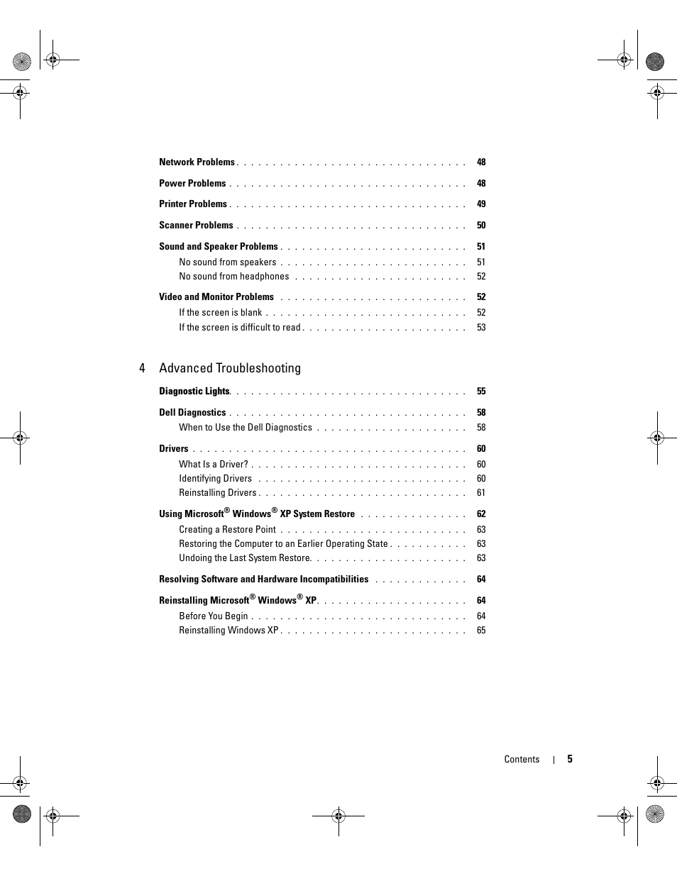 4advanced troubleshooting | Dell XPS/Dimension XPS Gen 5 User Manual | Page 5 / 162