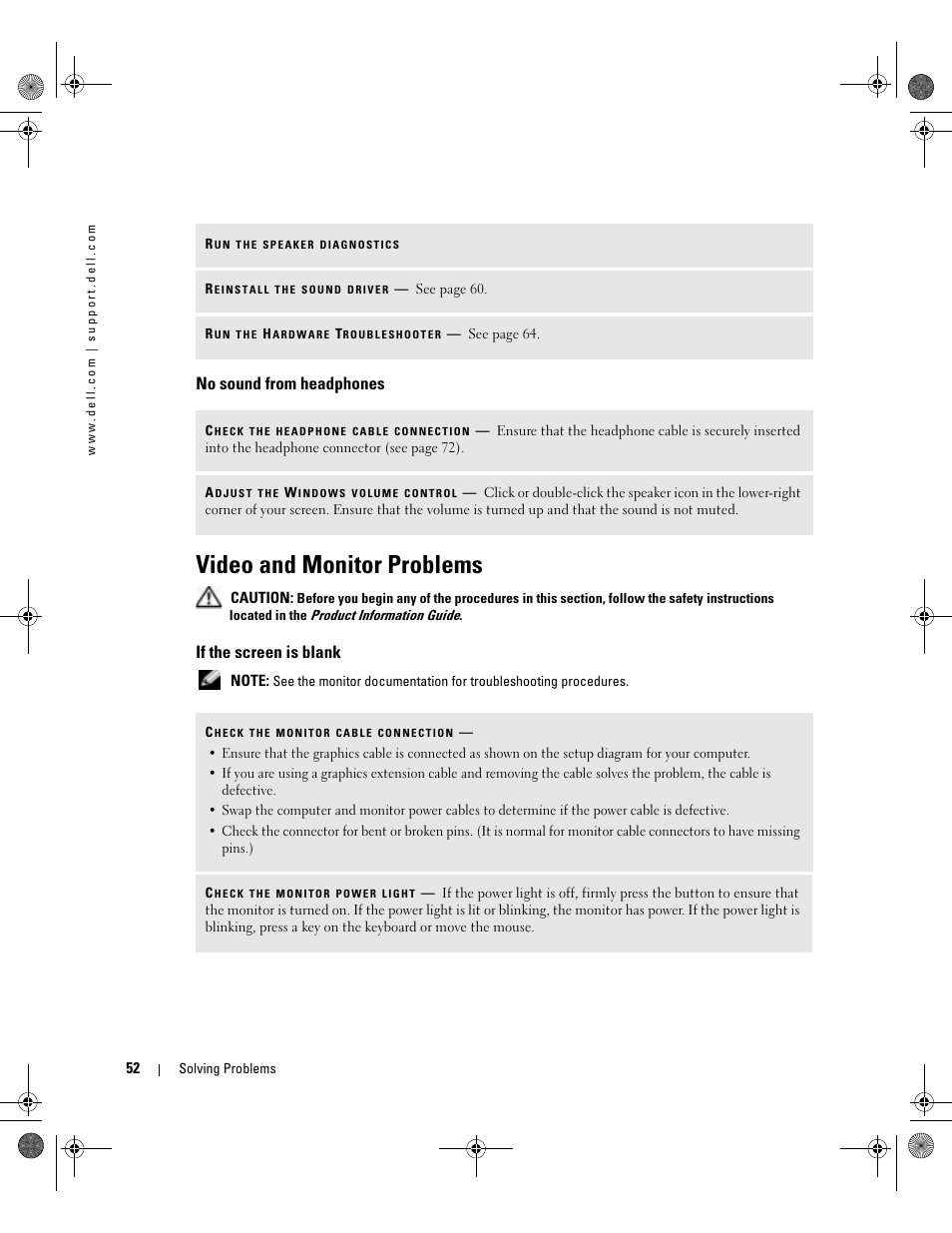 No sound from headphones, Video and monitor problems, If the screen is blank | Dell XPS/Dimension XPS Gen 5 User Manual | Page 52 / 162