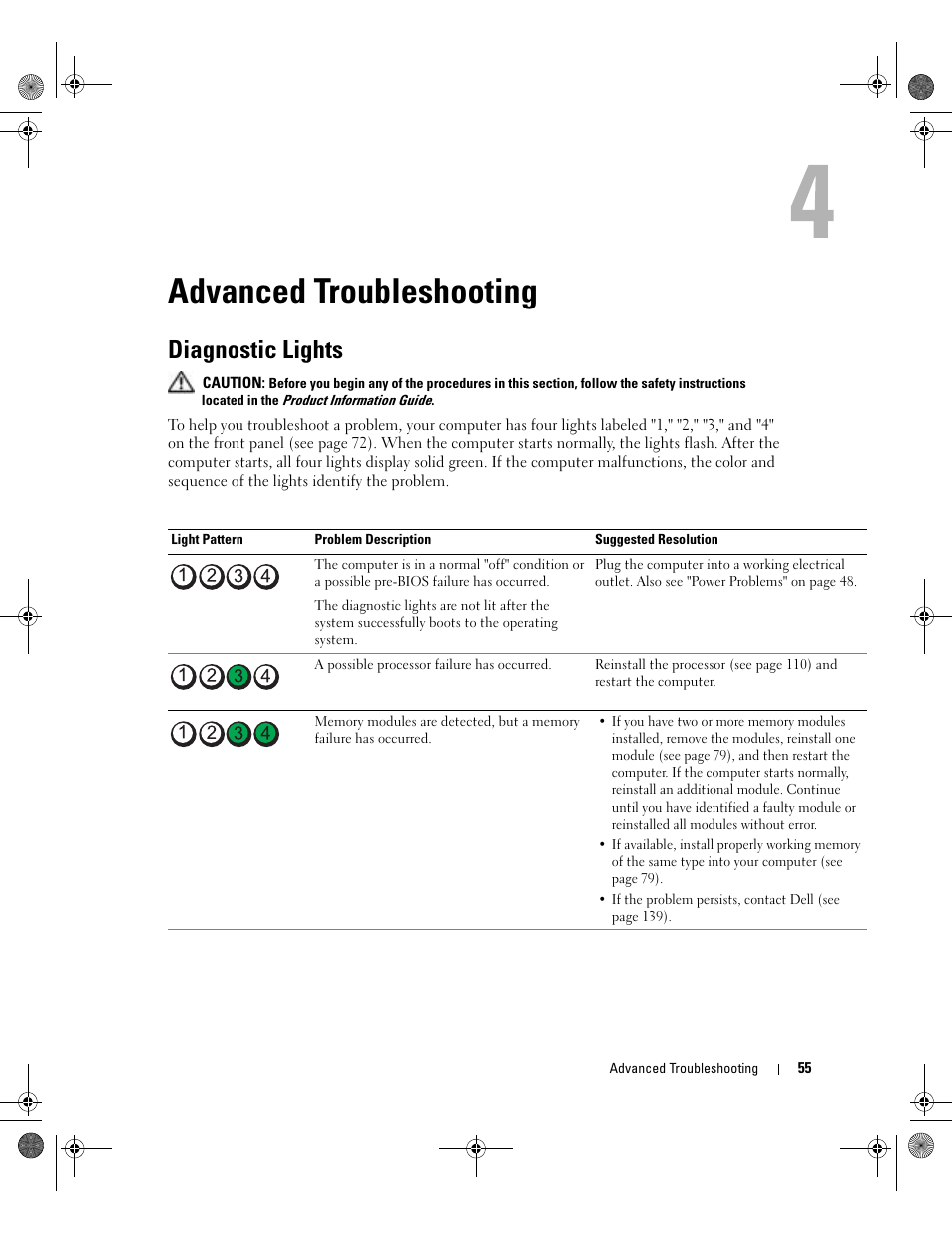 Advanced troubleshooting, Diagnostic lights | Dell XPS/Dimension XPS Gen 5 User Manual | Page 55 / 162