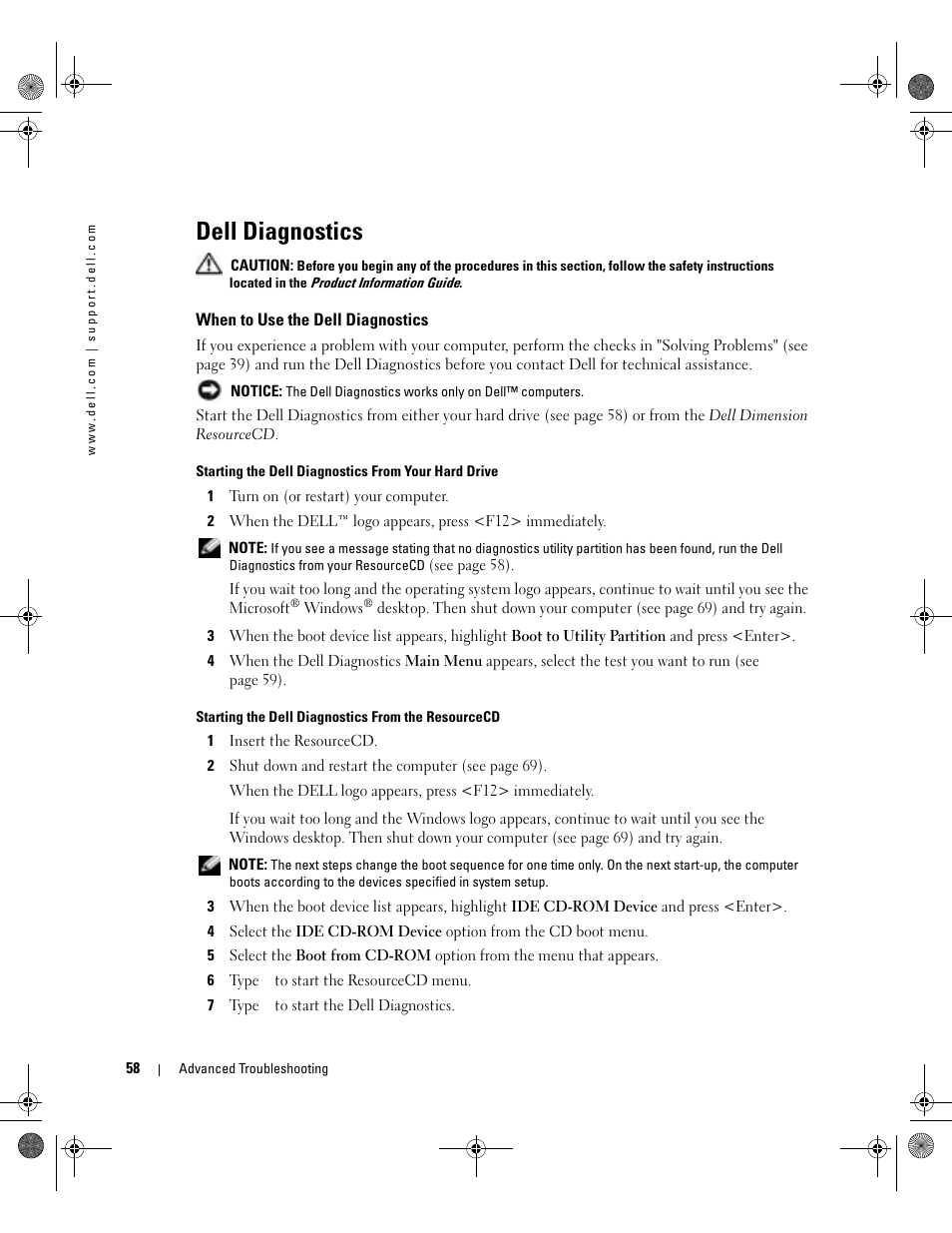 Dell diagnostics, When to use the dell diagnostics | Dell XPS/Dimension XPS Gen 5 User Manual | Page 58 / 162