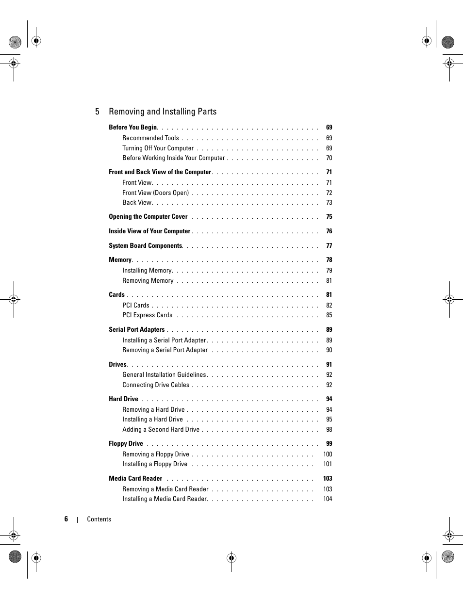 5removing and installing parts | Dell XPS/Dimension XPS Gen 5 User Manual | Page 6 / 162