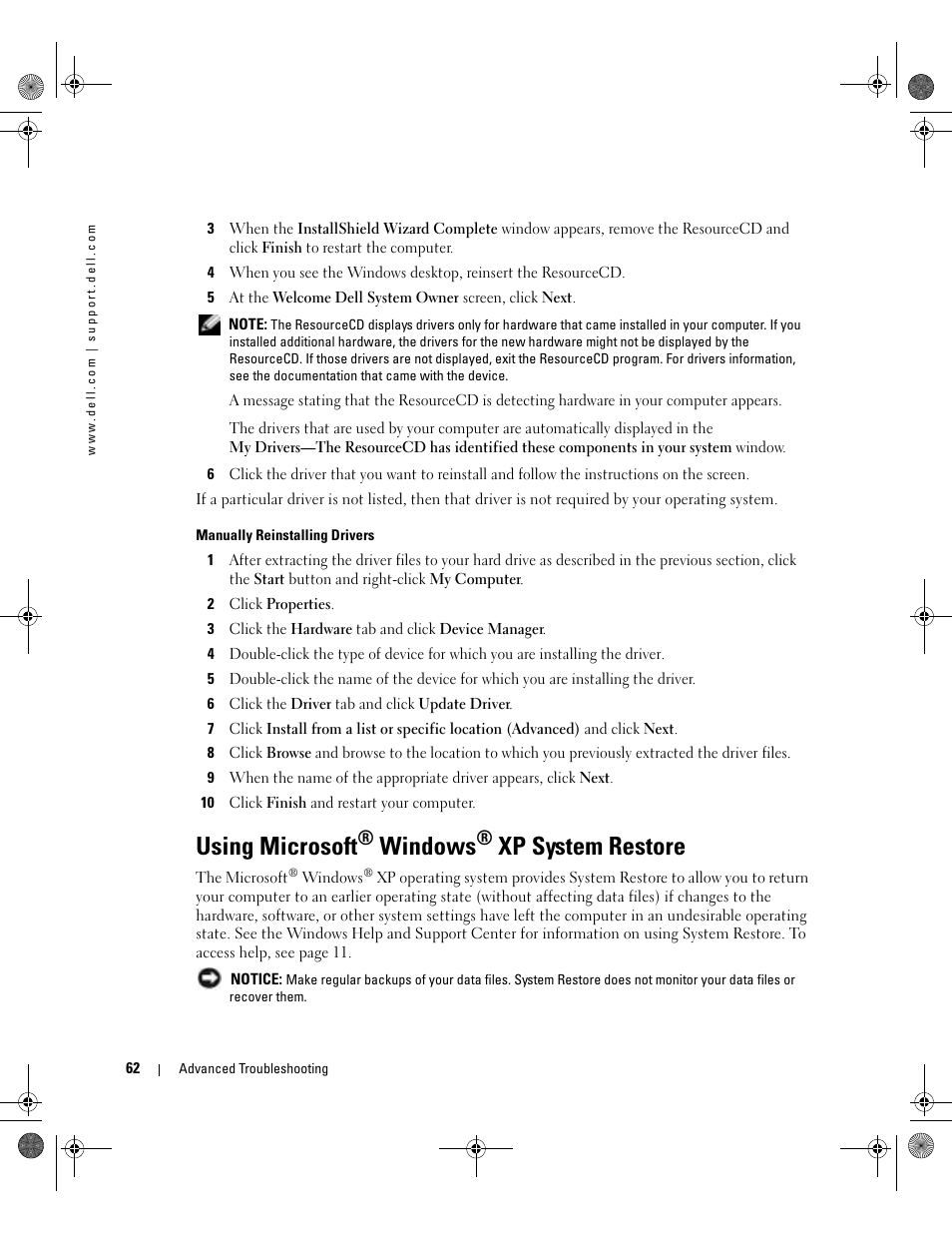 Using microsoft® windows® xp system restore, Using microsoft, Windows | Xp system restore | Dell XPS/Dimension XPS Gen 5 User Manual | Page 62 / 162