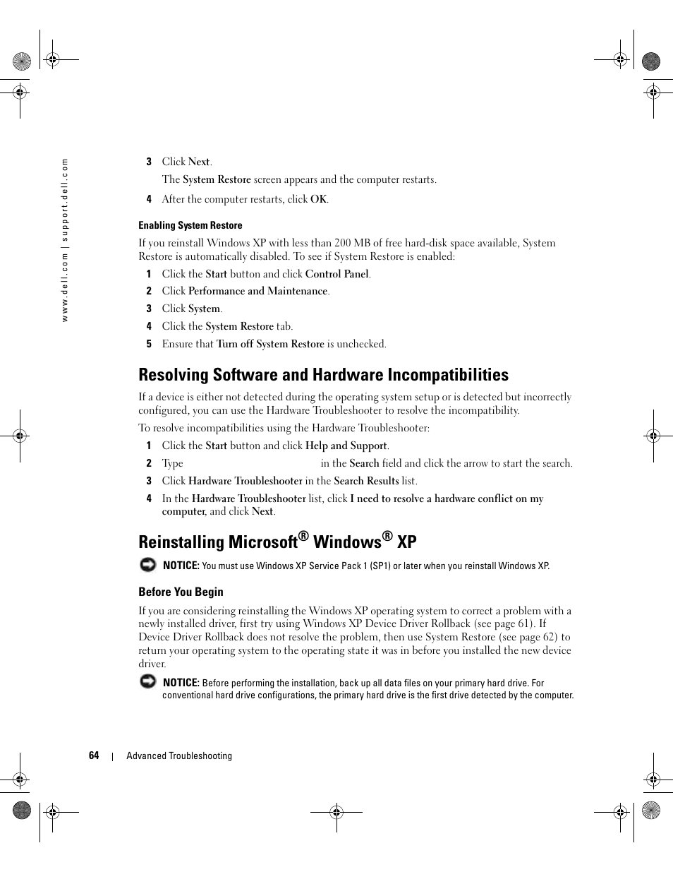 Resolving software and hardware incompatibilities, Reinstalling microsoft® windows® xp, Before you begin | Reinstalling microsoft, Cd. see "reinstalling microsoft, Windows | Dell XPS/Dimension XPS Gen 5 User Manual | Page 64 / 162