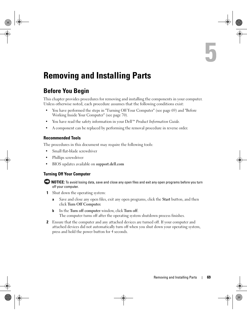 Removing and installing parts, Before you begin, Recommended tools | Turning off your computer | Dell XPS/Dimension XPS Gen 5 User Manual | Page 69 / 162