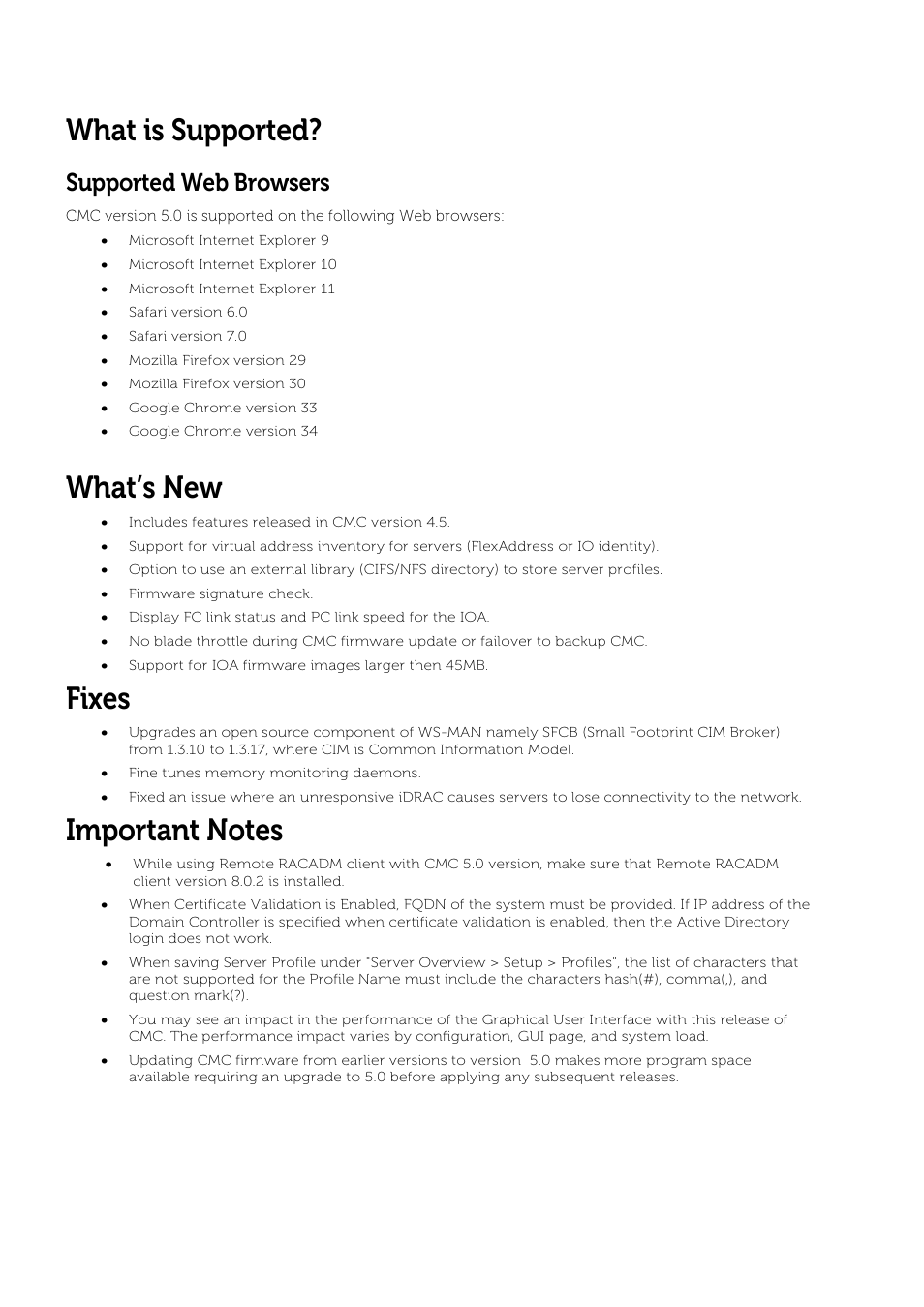 Supported web browsers, What’s new, Fixes | Important notes, What is supported | Dell POWEREDGE M1000E User Manual | Page 3 / 8