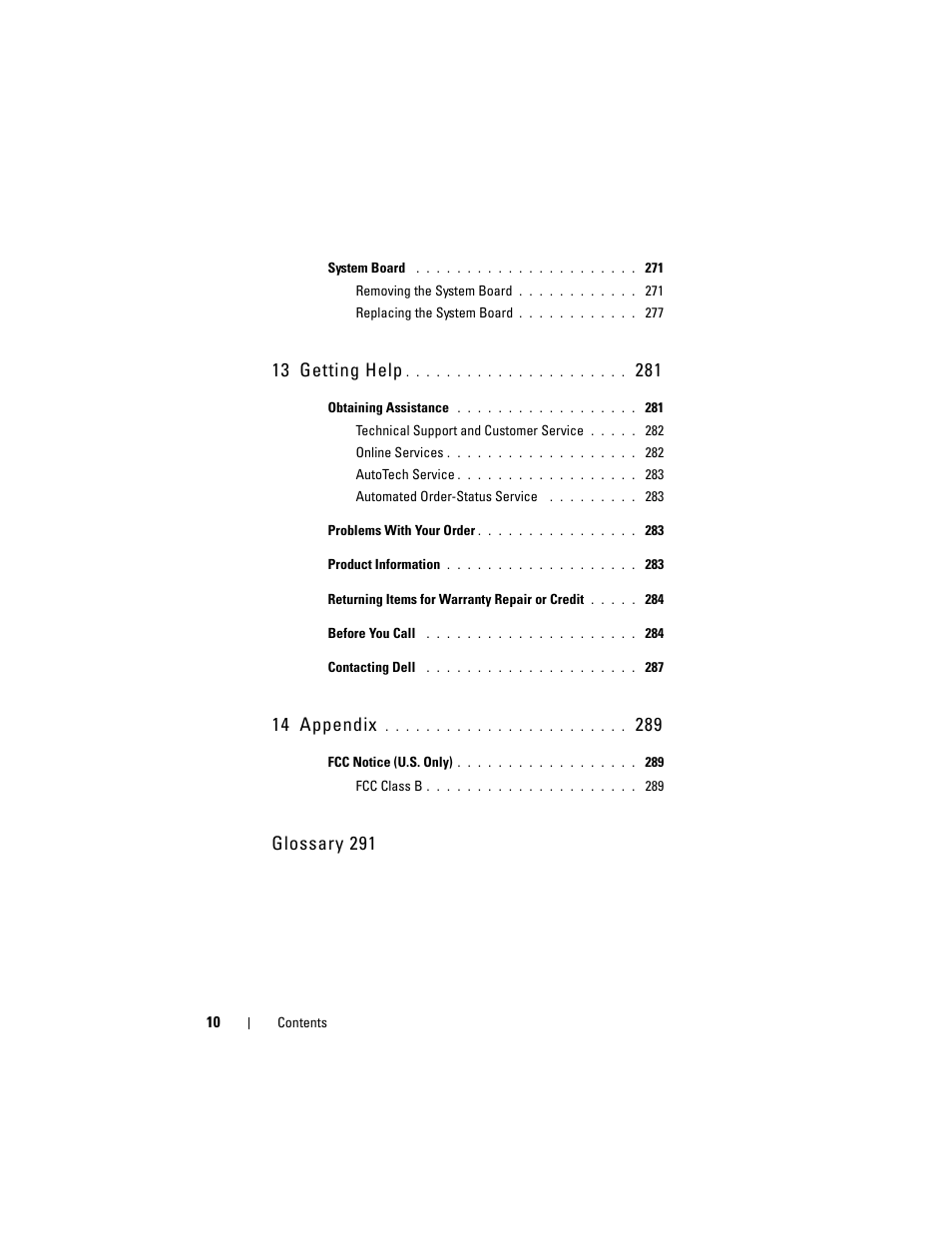 13 getting help, 14 appendix, Glossary 291 | Dell Precision T7400 (Late 2007) User Manual | Page 10 / 307
