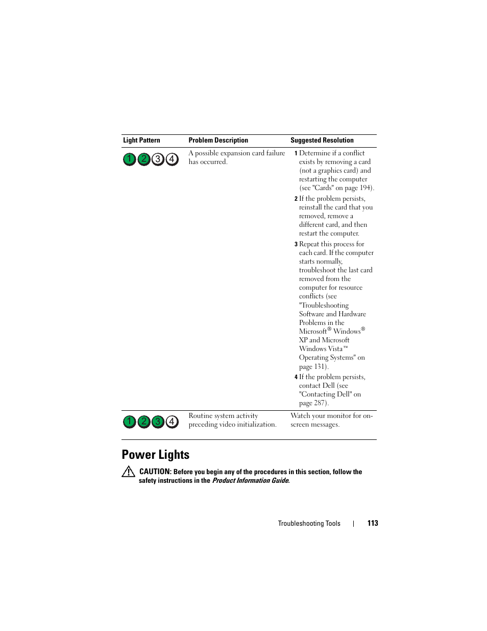 Power lights | Dell Precision T7400 (Late 2007) User Manual | Page 113 / 307