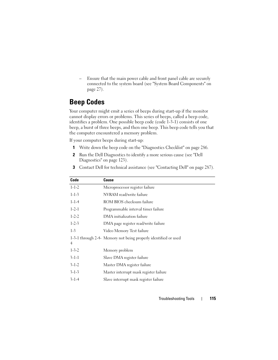 Beep codes, D on, see "beep codes" on | Dell Precision T7400 (Late 2007) User Manual | Page 115 / 307