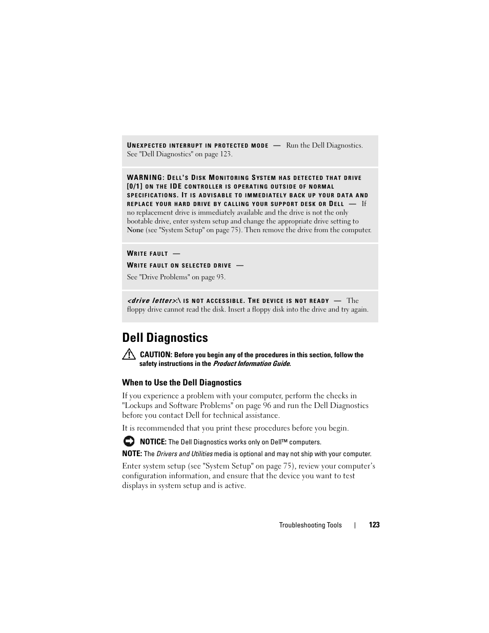 Dell diagnostics, When to use the dell diagnostics, Agnostics (see "dell diagnostics" on | Ee "dell diagnostics, Dell, Ics. see "dell, See "dell diagnostics, Ee "dell diagnostics" on | Dell Precision T7400 (Late 2007) User Manual | Page 123 / 307