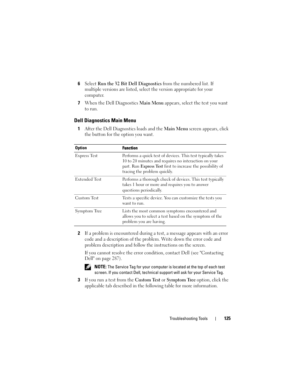 Dell diagnostics main menu, Appears (see "dell diagnostics | Dell Precision T7400 (Late 2007) User Manual | Page 125 / 307