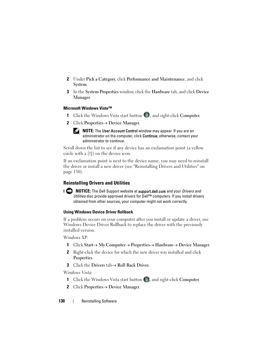 Reinstalling drivers and utilities, Ers (see "reinstalling drivers and | Dell Precision T7400 (Late 2007) User Manual | Page 130 / 307