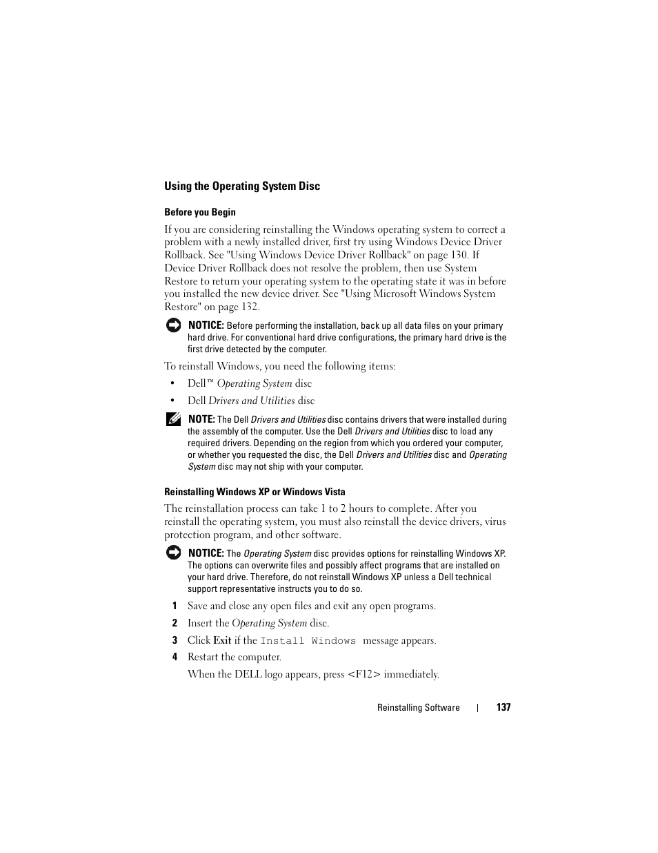 Using the operating system disc, Reinstalling windows | Dell Precision T7400 (Late 2007) User Manual | Page 137 / 307