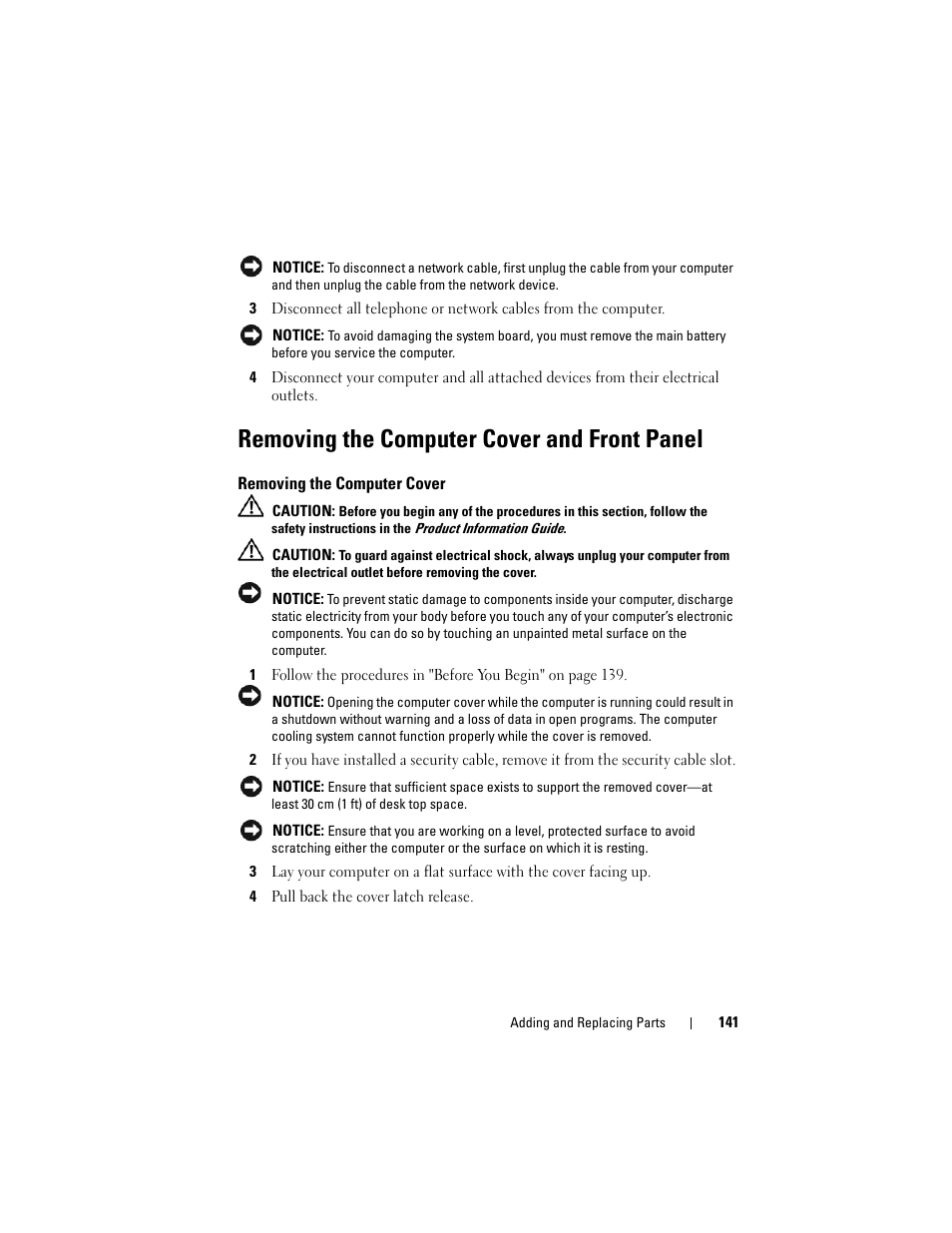 Removing the computer cover and front panel, Removing the computer cover, Removing the computer cover" on | Dell Precision T7400 (Late 2007) User Manual | Page 141 / 307