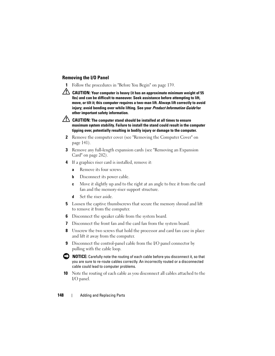 Removing the i/o panel | Dell Precision T7400 (Late 2007) User Manual | Page 148 / 307