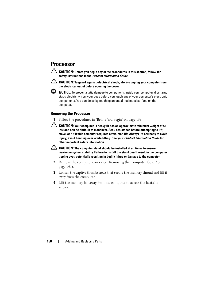 Processor, Removing the processor | Dell Precision T7400 (Late 2007) User Manual | Page 150 / 307