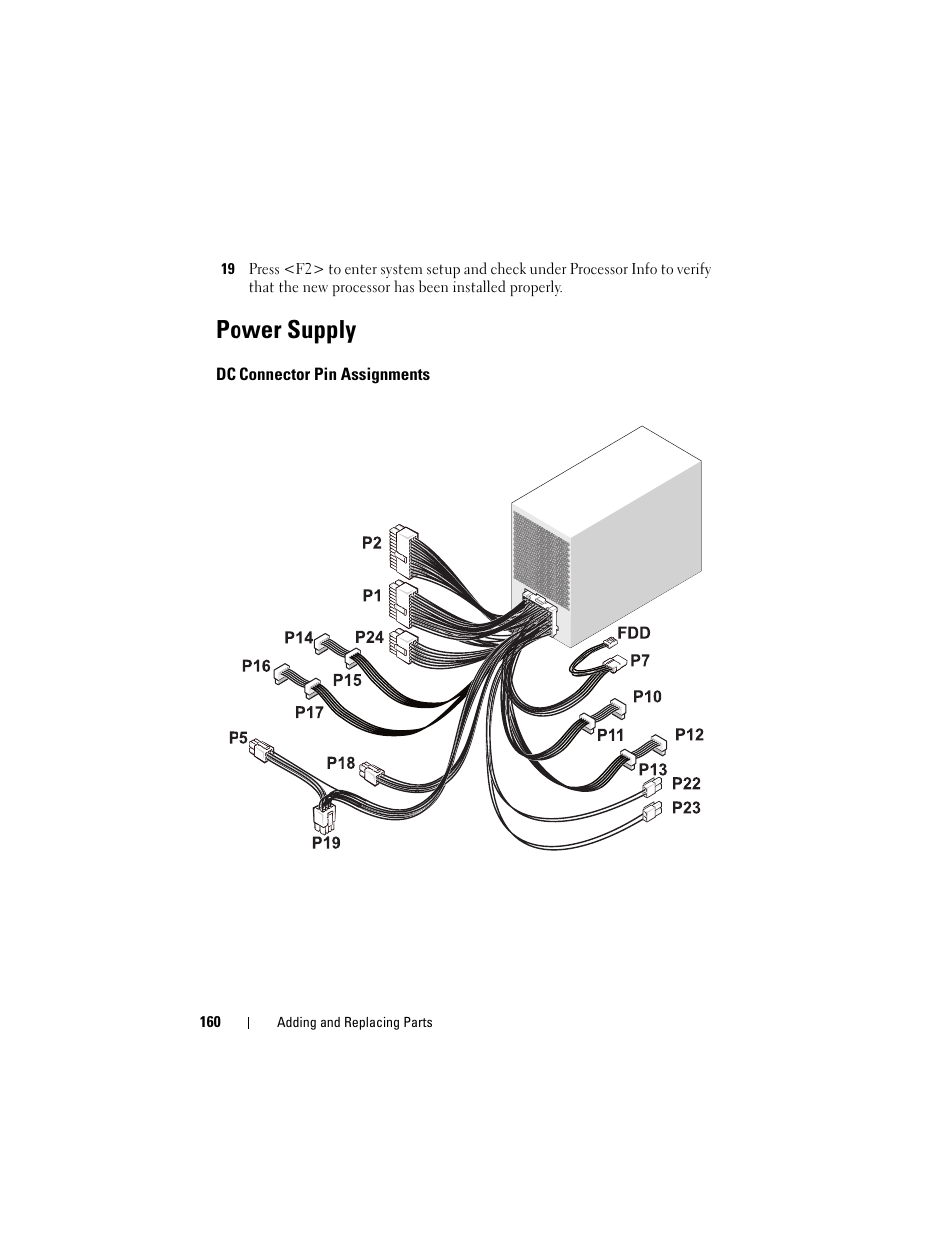 Power supply, Dc connector pin assignments | Dell Precision T7400 (Late 2007) User Manual | Page 160 / 307