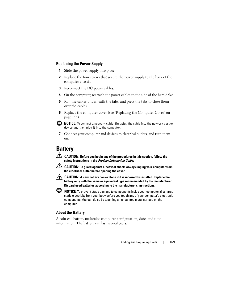 Replacing the power supply, Battery, About the battery | Dell Precision T7400 (Late 2007) User Manual | Page 169 / 307