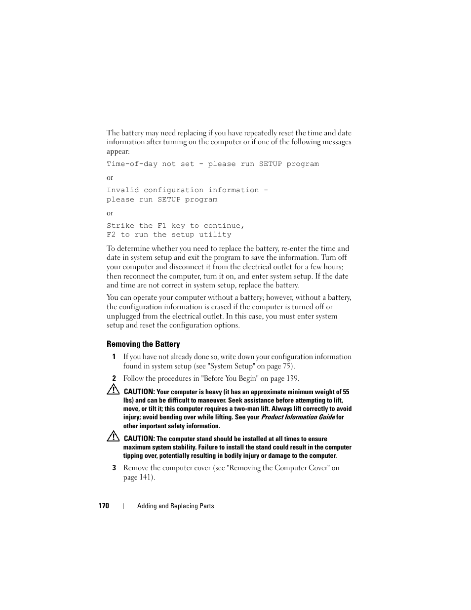 Removing the battery | Dell Precision T7400 (Late 2007) User Manual | Page 170 / 307