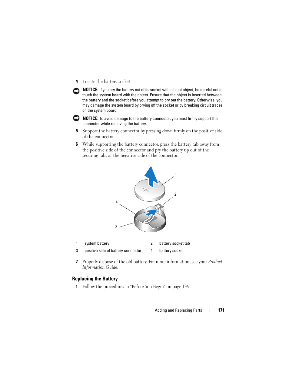 Replacing the battery | Dell Precision T7400 (Late 2007) User Manual | Page 171 / 307
