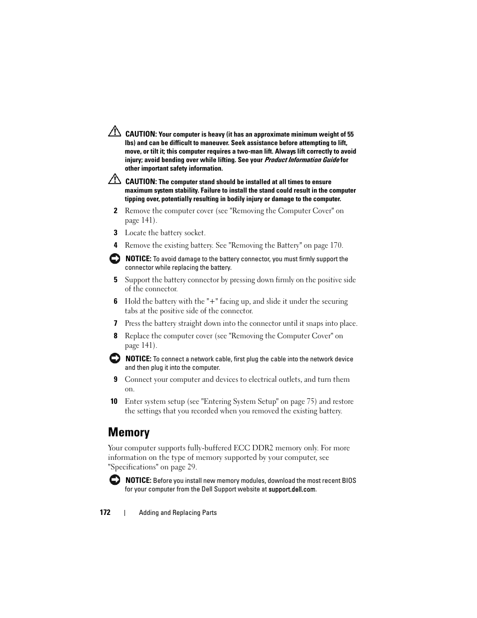 Memory, E "memory" on, See "memory | See "memory" on | Dell Precision T7400 (Late 2007) User Manual | Page 172 / 307