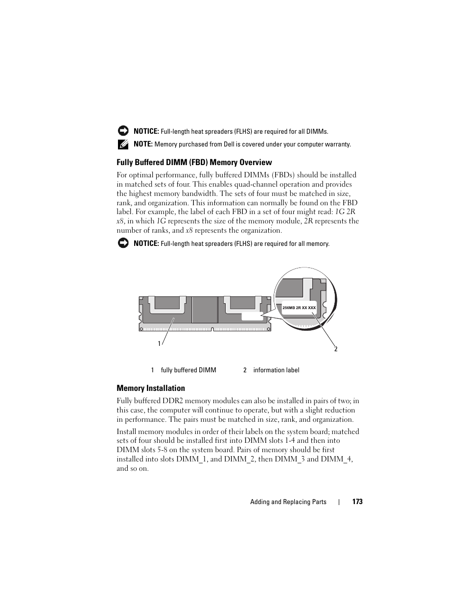 Fully buffered dimm (fbd) memory overview, Memory installation, Memory | Dell Precision T7400 (Late 2007) User Manual | Page 173 / 307