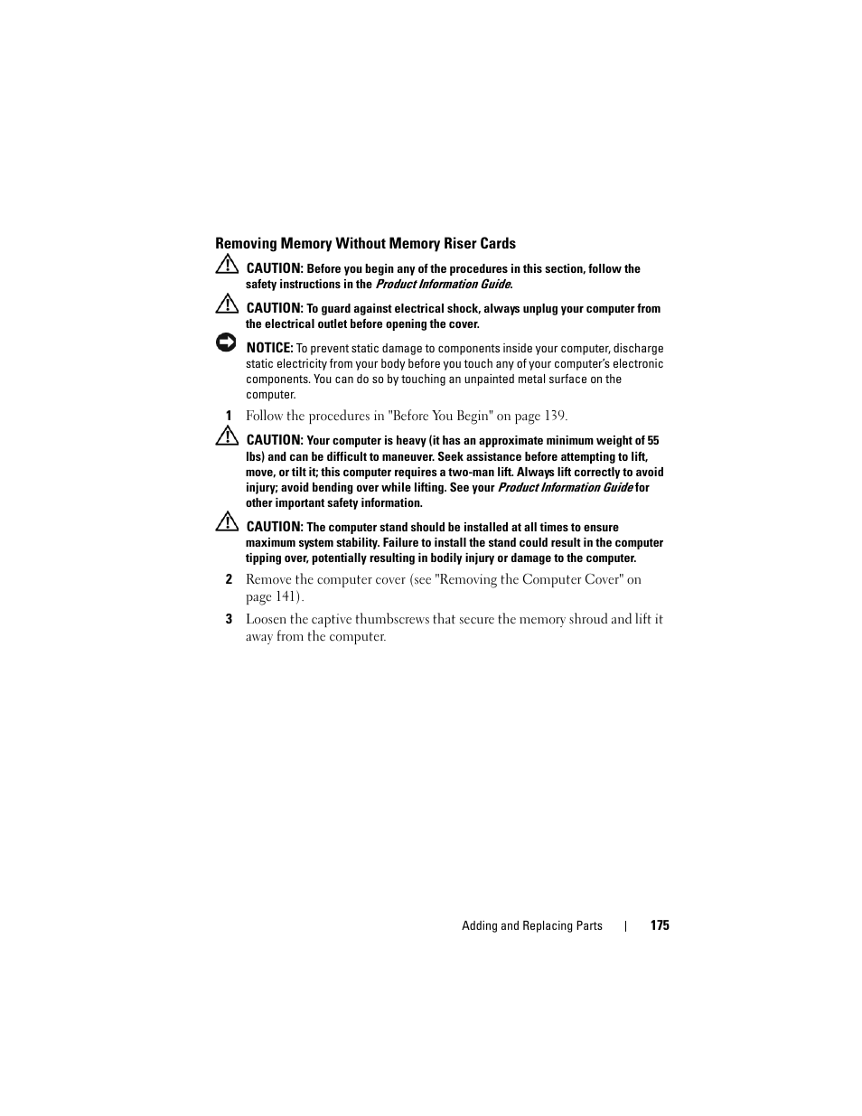 Removing memory without memory riser cards | Dell Precision T7400 (Late 2007) User Manual | Page 175 / 307