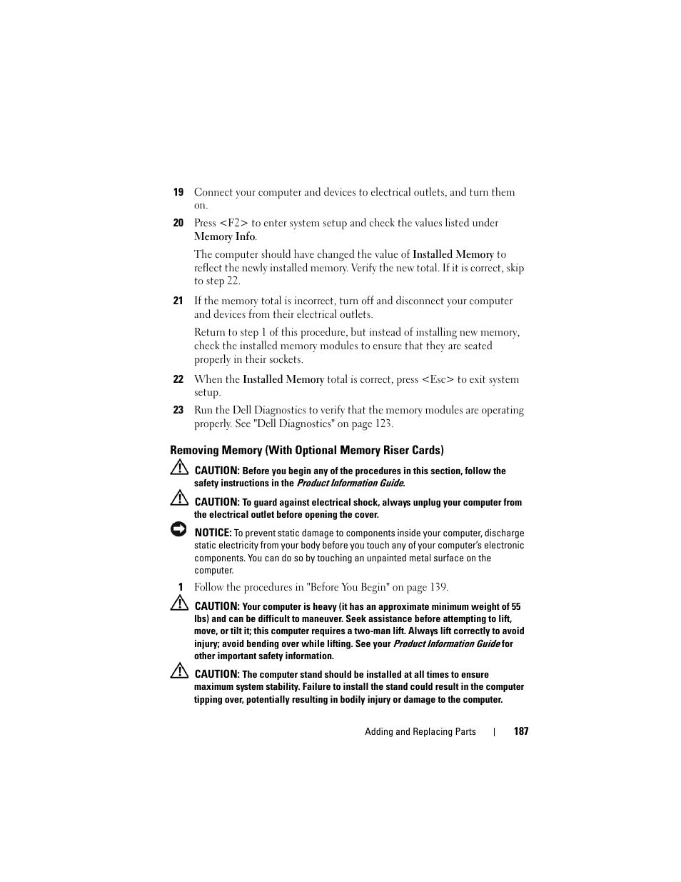 Removing memory (with optional memory riser cards) | Dell Precision T7400 (Late 2007) User Manual | Page 187 / 307