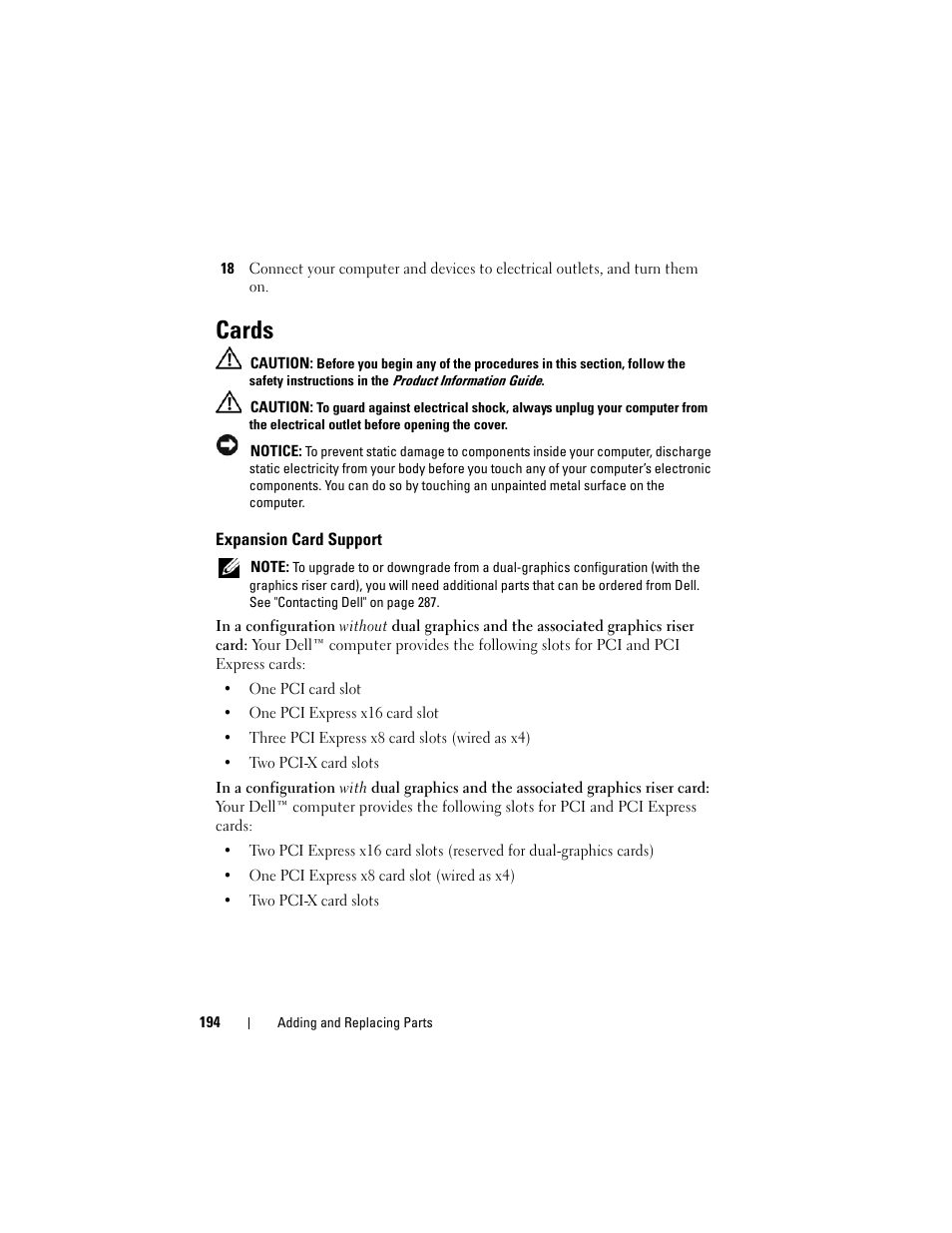 Cards, Expansion card support, See "cards" on | Dell Precision T7400 (Late 2007) User Manual | Page 194 / 307