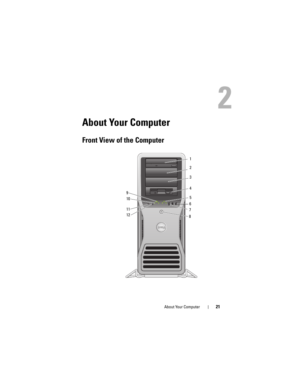 About your computer, Front view of the computer | Dell Precision T7400 (Late 2007) User Manual | Page 21 / 307