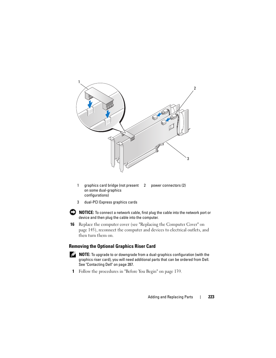 Removing the optional graphics riser card | Dell Precision T7400 (Late 2007) User Manual | Page 223 / 307