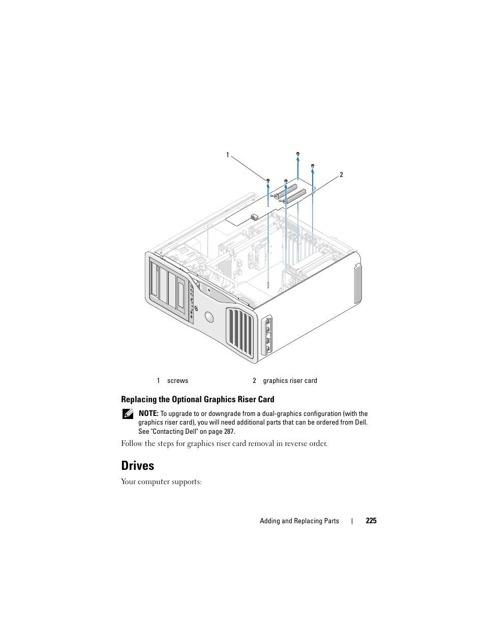 Replacing the optional graphics riser card, Drives | Dell Precision T7400 (Late 2007) User Manual | Page 225 / 307
