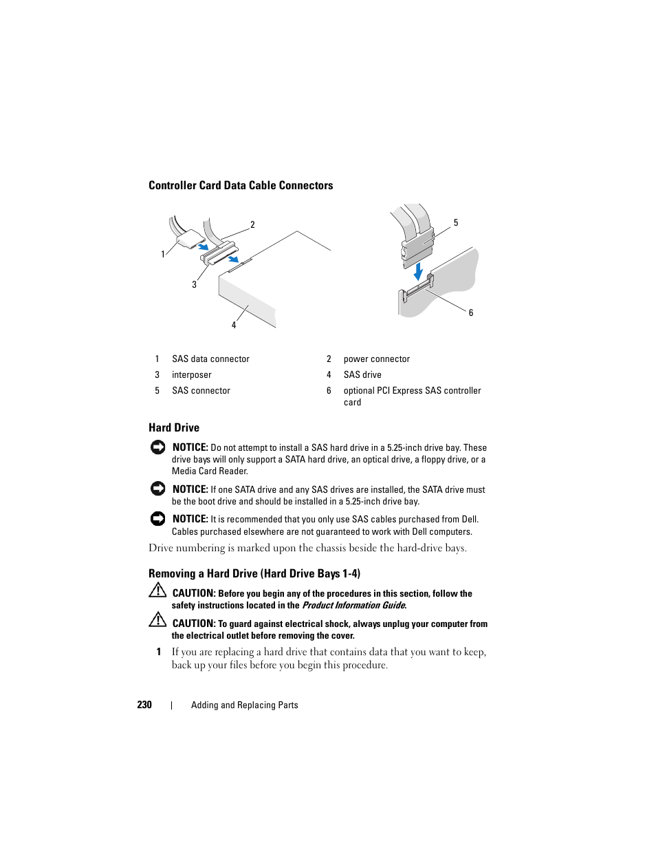 Controller card data cable connectors, Hard drive, Removing a hard drive (hard drive bays 1-4) | Dell Precision T7400 (Late 2007) User Manual | Page 230 / 307