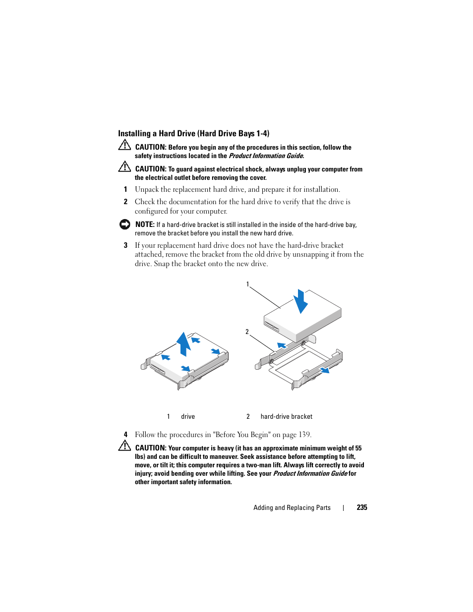 Installing a hard drive (hard drive bays 1-4) | Dell Precision T7400 (Late 2007) User Manual | Page 235 / 307