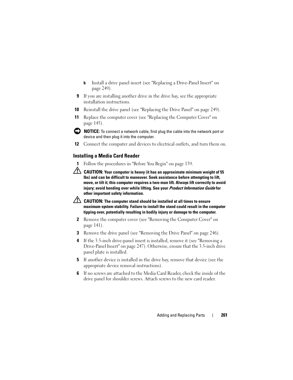 Installing a media card reader | Dell Precision T7400 (Late 2007) User Manual | Page 261 / 307