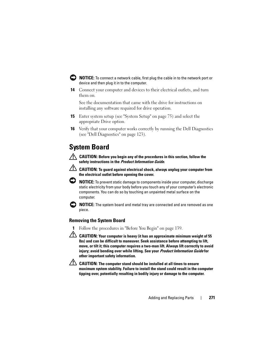 System board, Removing the system board | Dell Precision T7400 (Late 2007) User Manual | Page 271 / 307