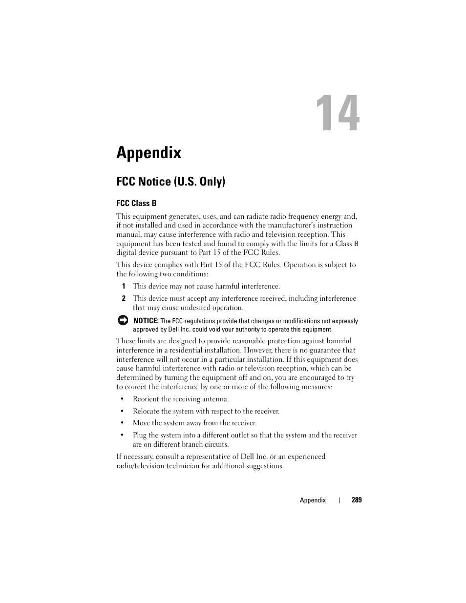 Appendix, Fcc notice (u.s. only), Fcc class b | Dell Precision T7400 (Late 2007) User Manual | Page 289 / 307