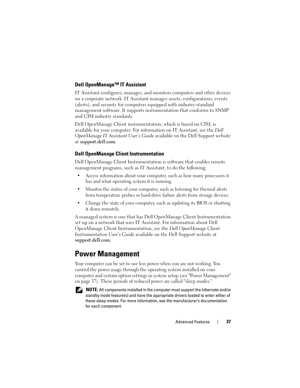 Dell openmanage™ it assistant, Dell openmanage client instrumentation, Power management | Dell Precision T7400 (Late 2007) User Manual | Page 37 / 307