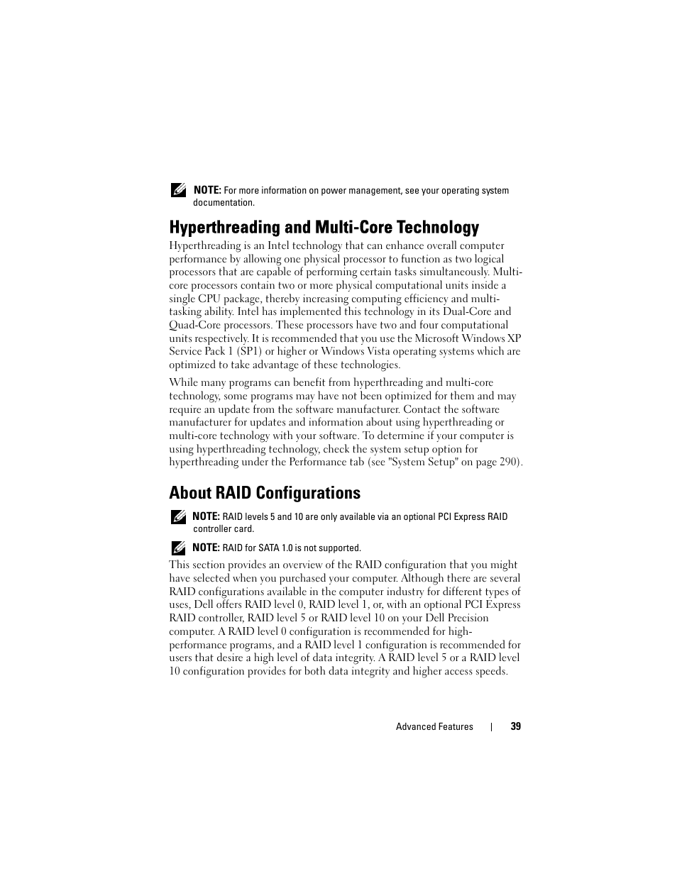 About raid configurations, Hyperthreading and multi-core technology | Dell Precision T7400 (Late 2007) User Manual | Page 39 / 307