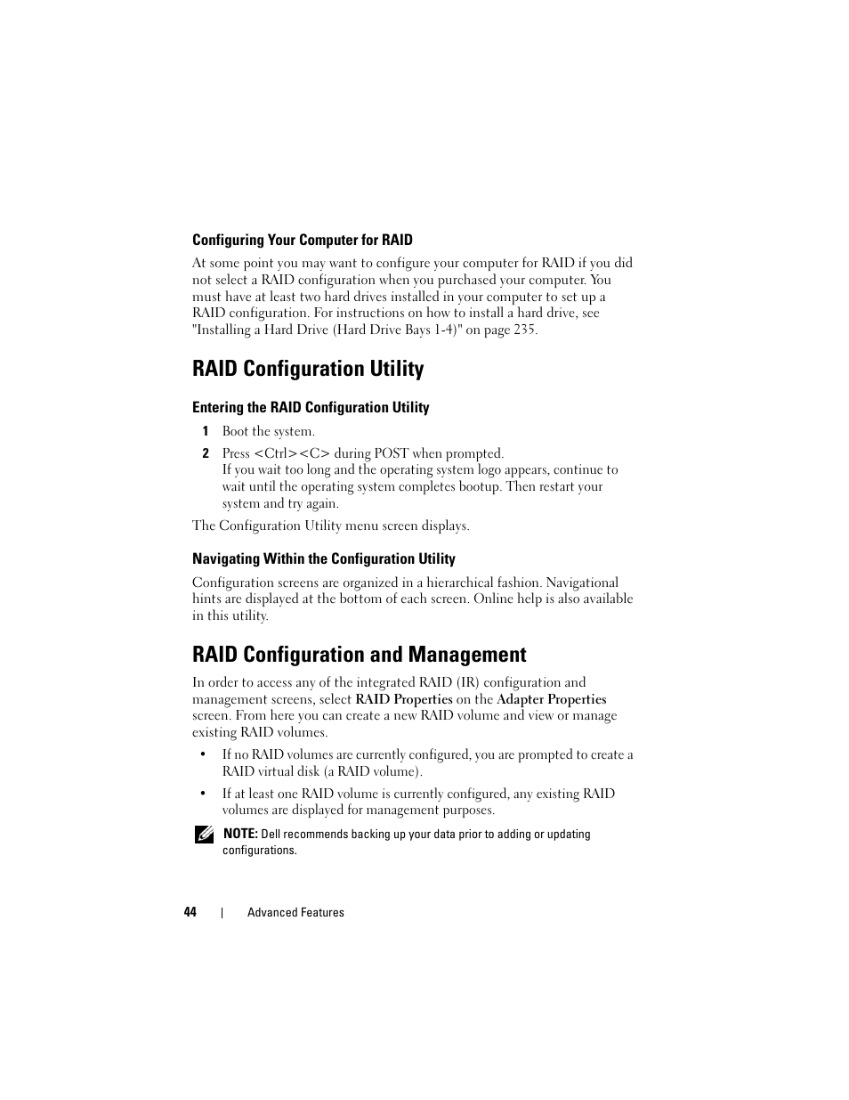 Configuring your computer for raid, Raid configuration utility, Entering the raid configuration utility | Navigating within the configuration utility, Raid configuration and management | Dell Precision T7400 (Late 2007) User Manual | Page 44 / 307