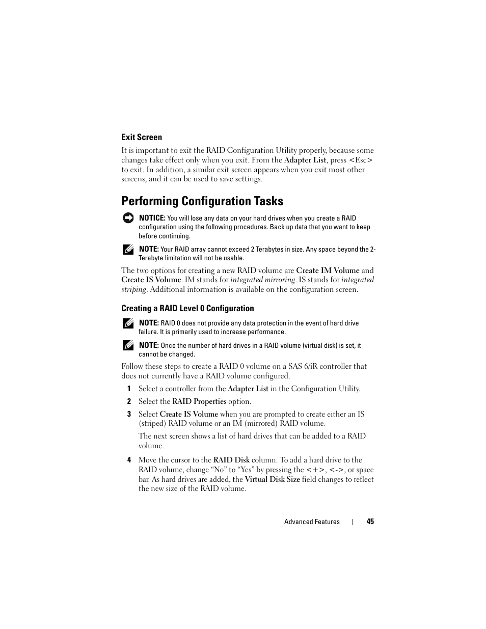 Exit screen, Performing configuration tasks, Creating a raid level 0 configuration | Dell Precision T7400 (Late 2007) User Manual | Page 45 / 307