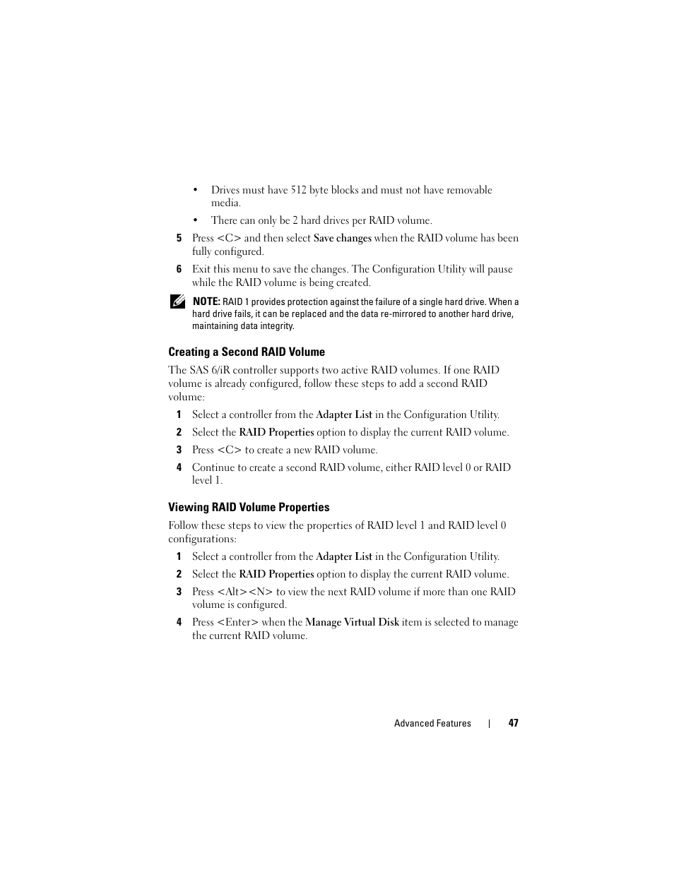 Creating a second raid volume, Viewing raid volume properties | Dell Precision T7400 (Late 2007) User Manual | Page 47 / 307