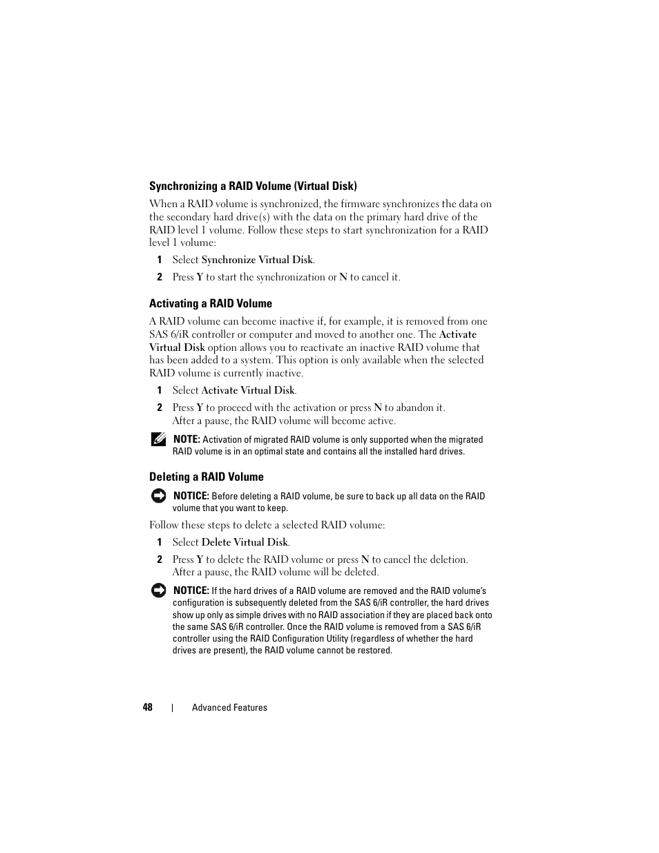Synchronizing a raid volume (virtual disk), Activating a raid volume, Deleting a raid volume | Dell Precision T7400 (Late 2007) User Manual | Page 48 / 307